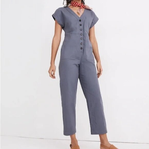 Madewell Size S Cap Sleeve Jumpsuit, color is Sunfaded Indigo, Exc. Used Cond. - Picture 1 of 16